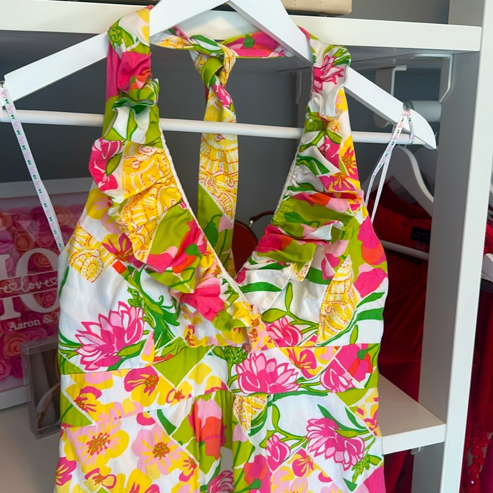 Lilly Pulitzer bright floral halter dress with V-neck ruffles